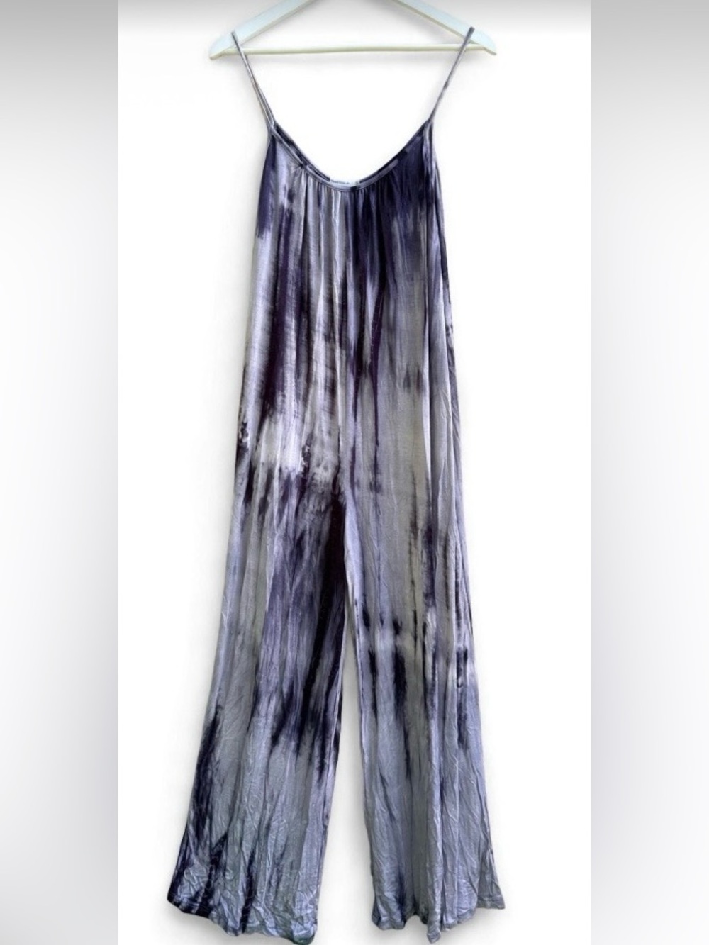 Myesper Te-Dye Gray/Purple Wide-Leg Jumpsuit - Sleeveless Spaghetti Strap Sz.M